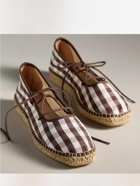 Gingham Lace-Up Espadrille Flats in Brown and White - Women